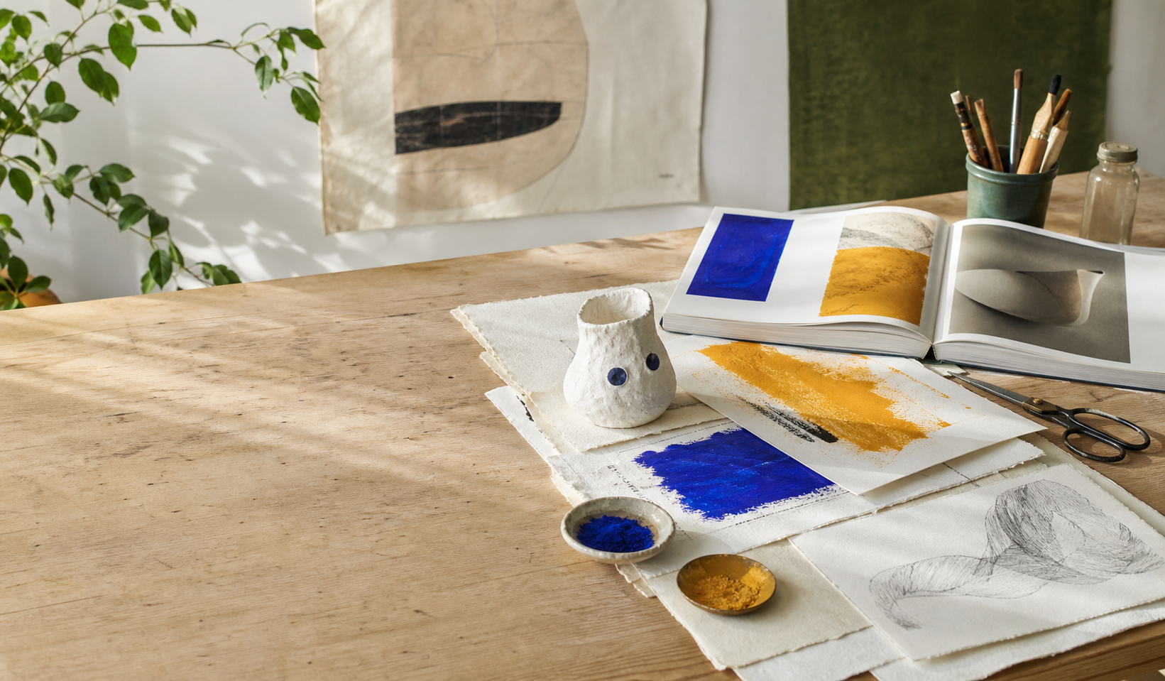 Ateliertafel met beschilderd papier, een keramisch object, schetsen en een open kunstboek